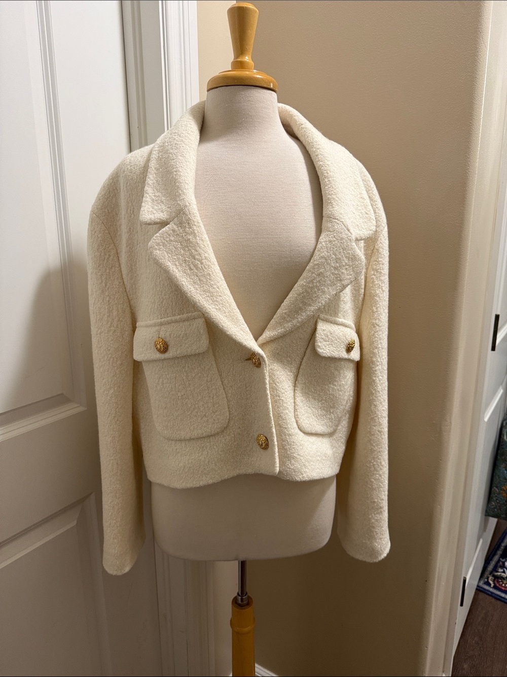 Zara Cream Bouclé Cropped Blazer with Gold Buttons